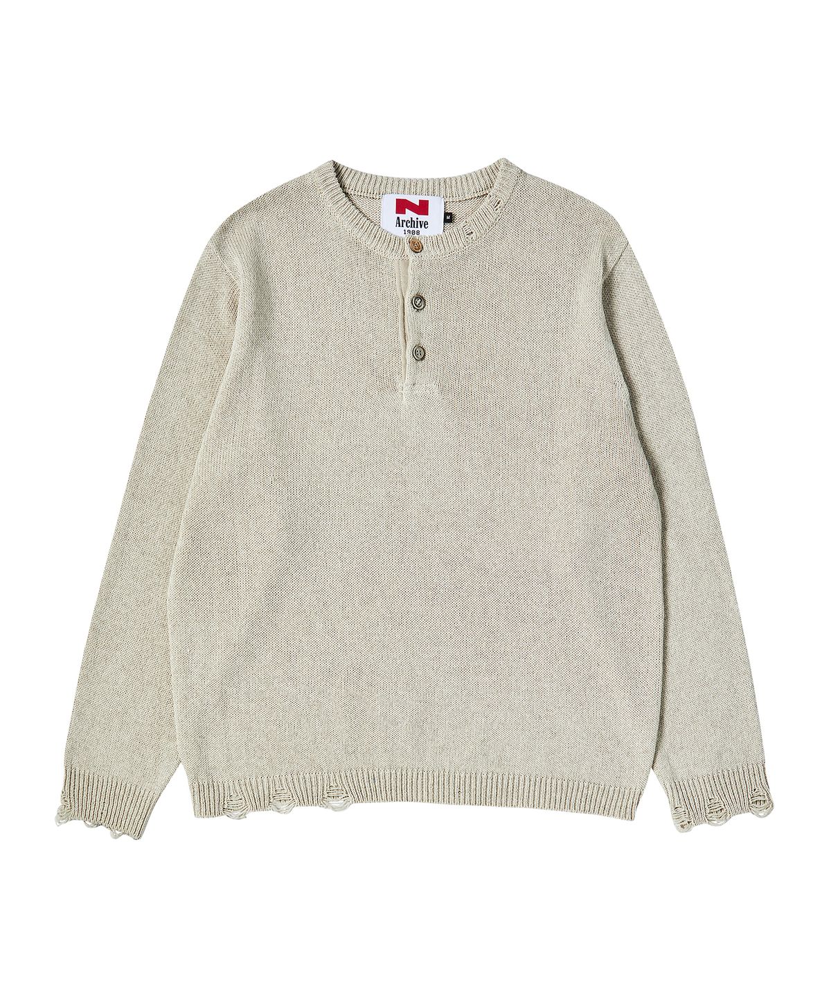 비욘드클로젯(BEYOND CLOSET) [COLLECTION LINE] 린넨 블렌디드 빈티지 가먼트 헨리넥 니트 아이보리