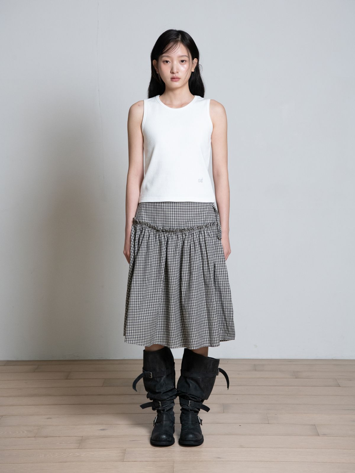 오피쉬(OAFISH) RIBBON FRILL WRAP SKIRT, BROWN