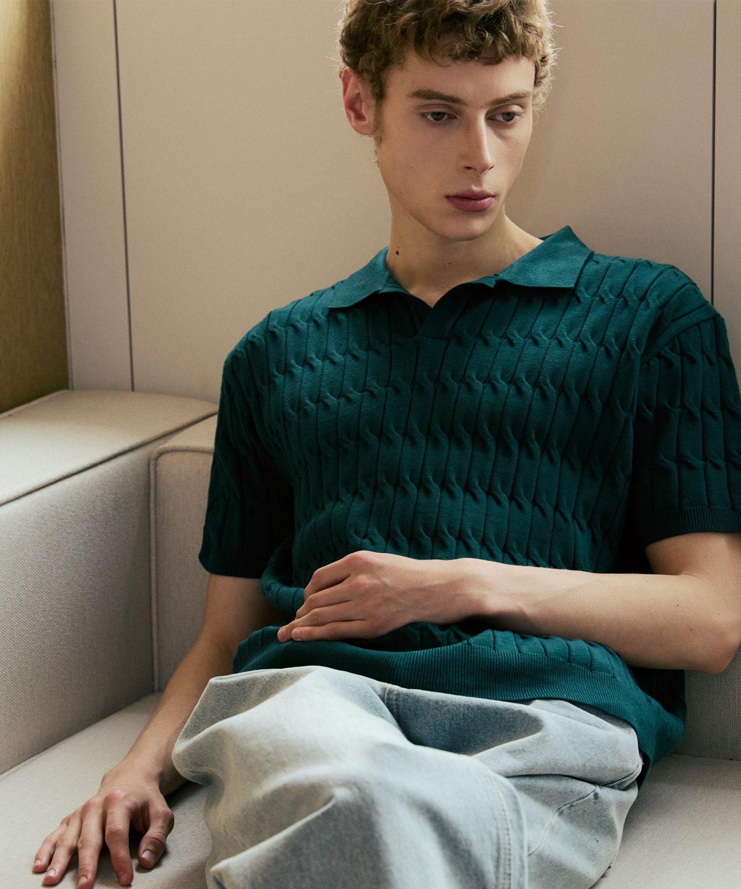 MUSINSA | NODU Six Cable Collar Short Sleeve Knit [Green]