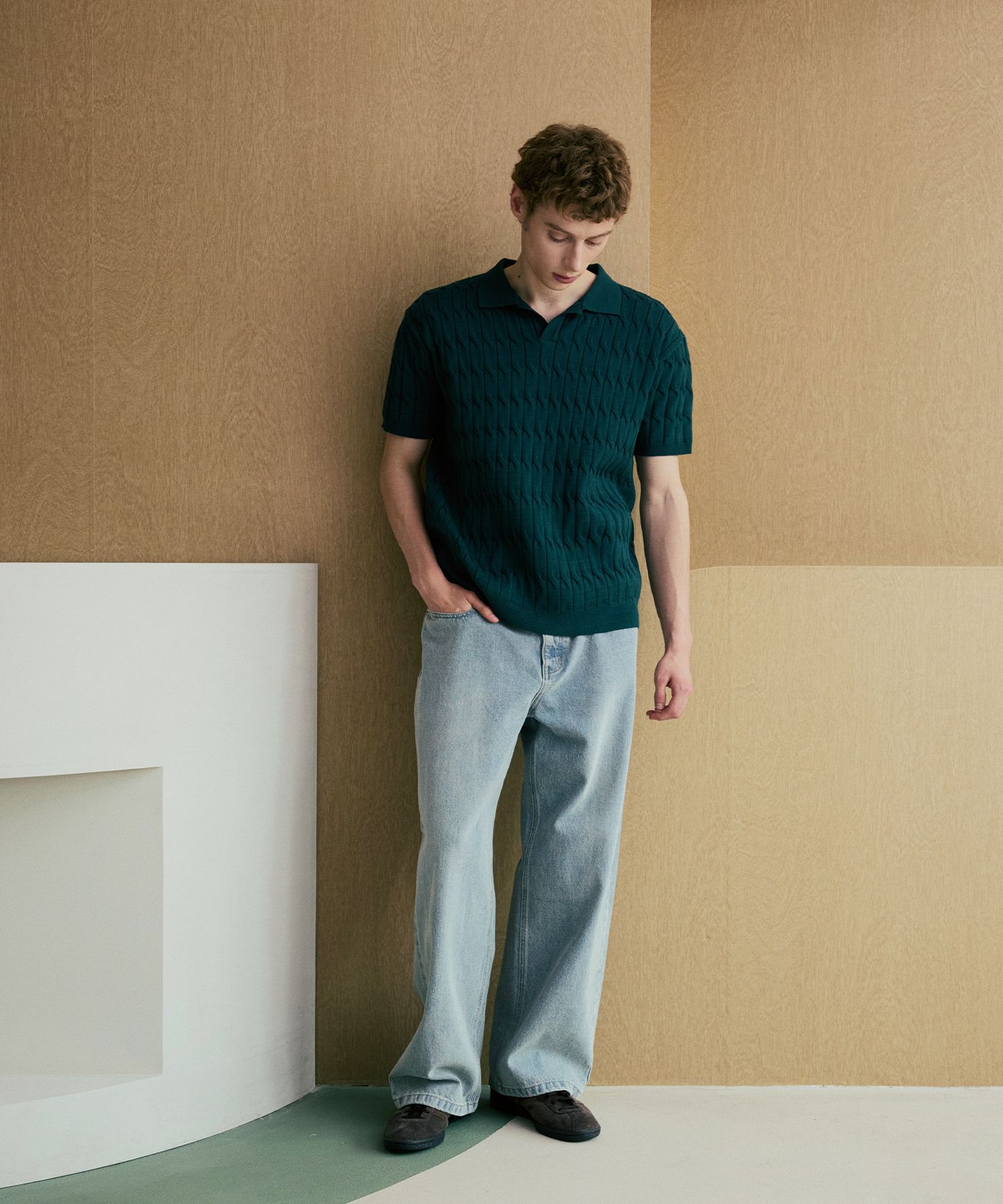 MUSINSA公式 | NODU Six Cable Collar Short Sleeve Knit [Green]