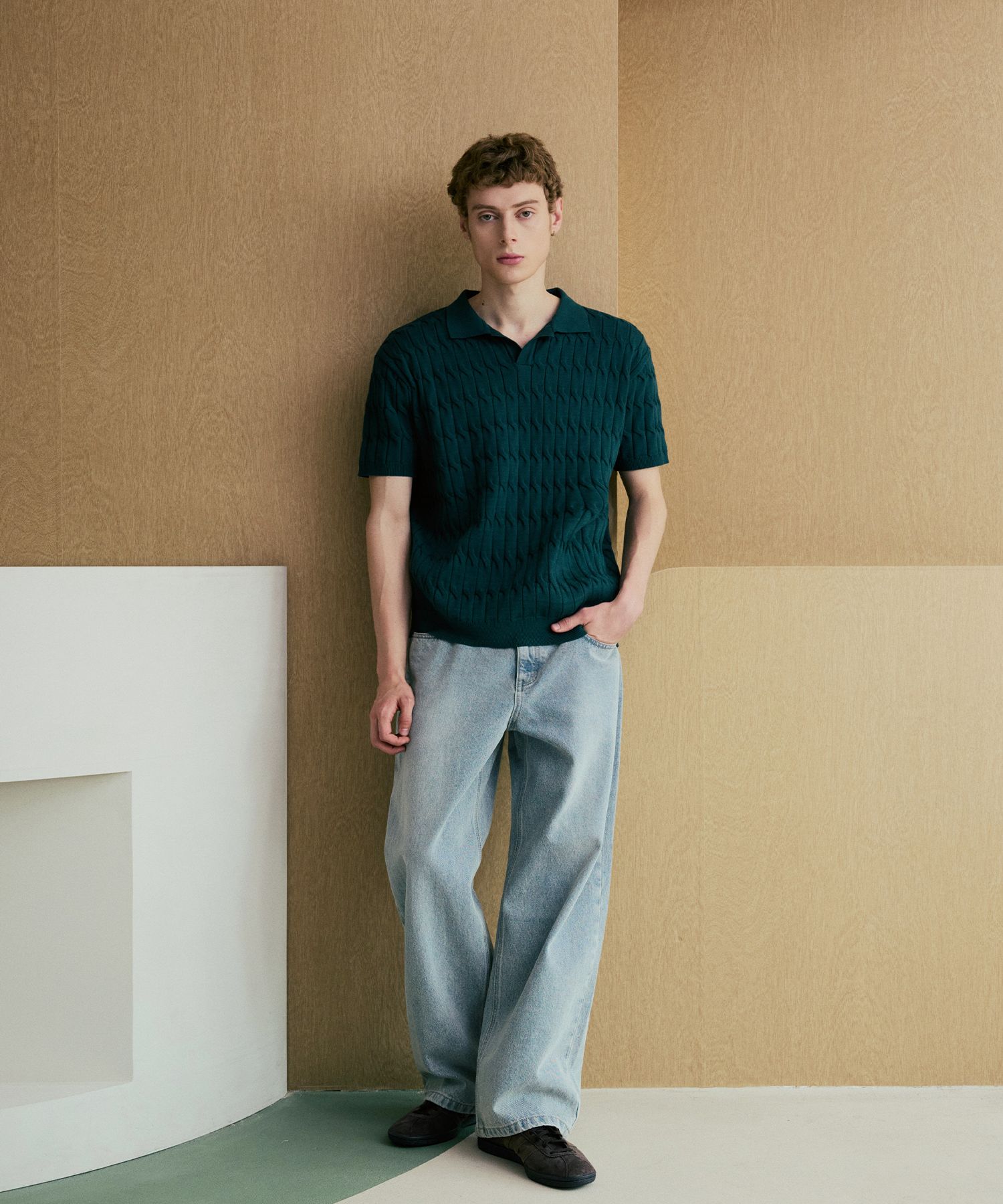 MUSINSA公式 | NODU Six Cable Collar Short Sleeve Knit [Green]