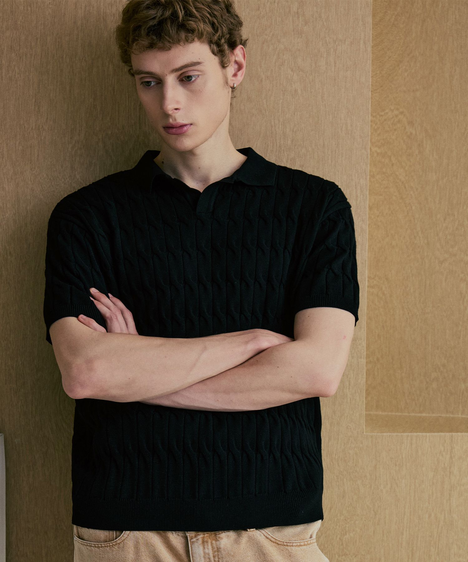 トップス NODUSix Cable Collar Short Sleeve Knit MUSINSA公式 | NODU Six Cable Collar Short Sleeve Knit [Beige]