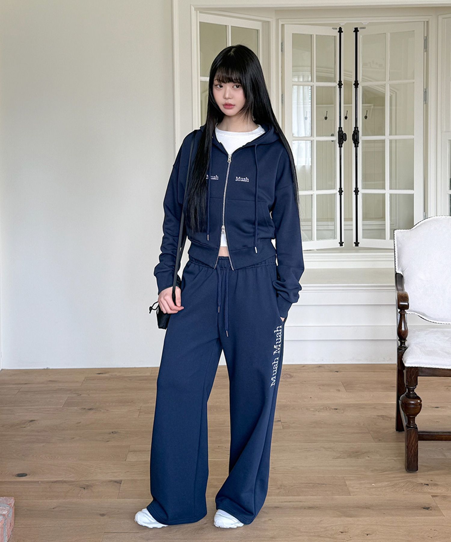 さらに100円引き◆MUAHMUAH◆LOGO PIGMENT WIDE BANDING PANTS MUSINSA | MUAHMUAH Logostitch wide banding pants [Navy]