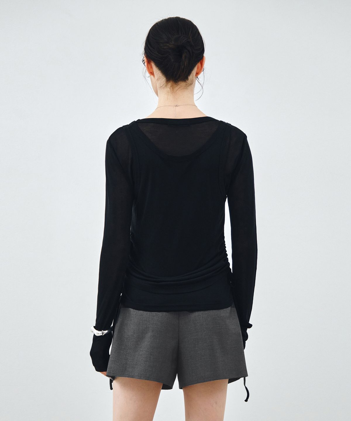 몽돌(MONGDOL) [SET] 사이드 셔링 레이어드 티셔츠 블랙 MDTS067BLACK