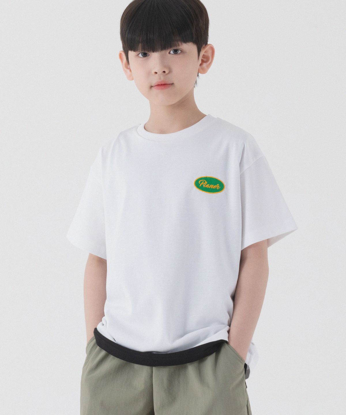 피아네르 키즈(PIANER KIDS) 쿨 레터링 자수 오버핏 반팔 (화이트)
