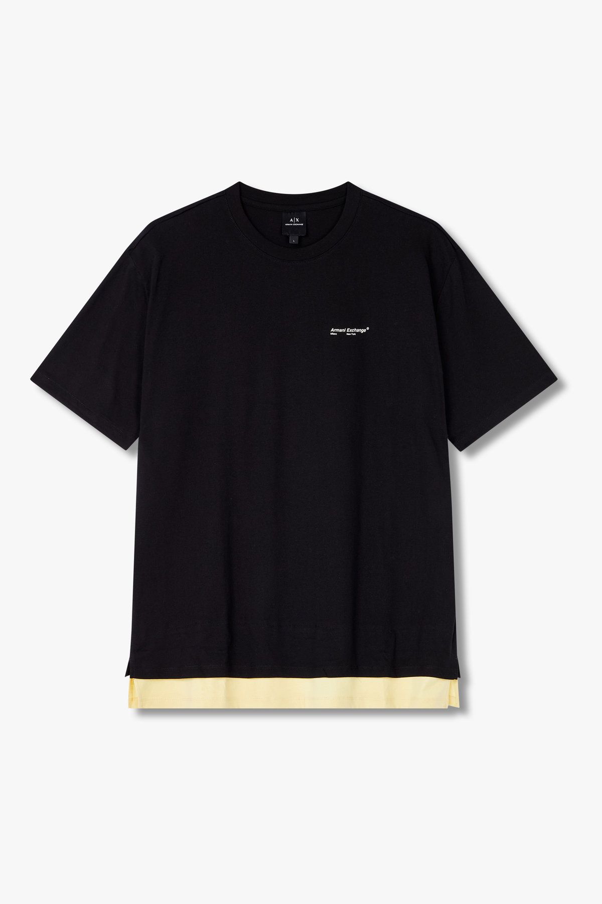 아르마니 익스체인지(ARMANI EXCHANGE) 남성 배색 레이어드 헴 코튼 티셔츠_블랙 A415130027