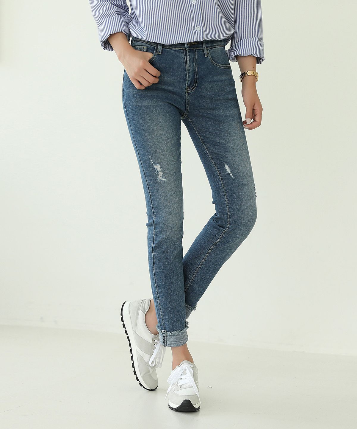 빼빼(BBAEBBAE) 밑단롤업 시크릿밴딩 텐션좋은 스키니 데님팬츠