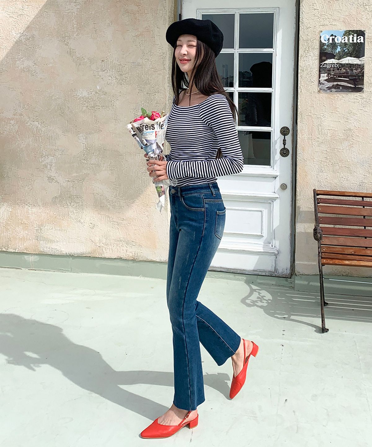 빼빼(BBAEBBAE) 빅사이즈 본딩기모 컷팅 부츠컷 청바지