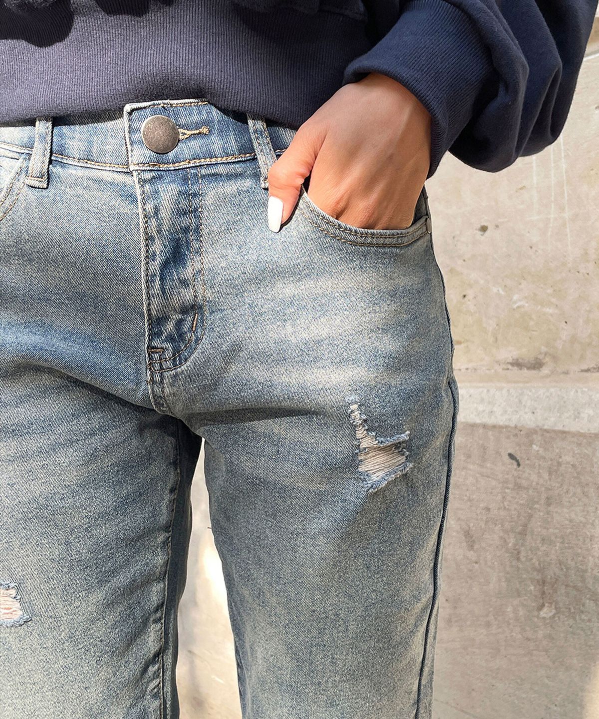 빼빼(BBAEBBAE) 기모 블루 허리속밴딩 루즈핏 일자데님팬츠