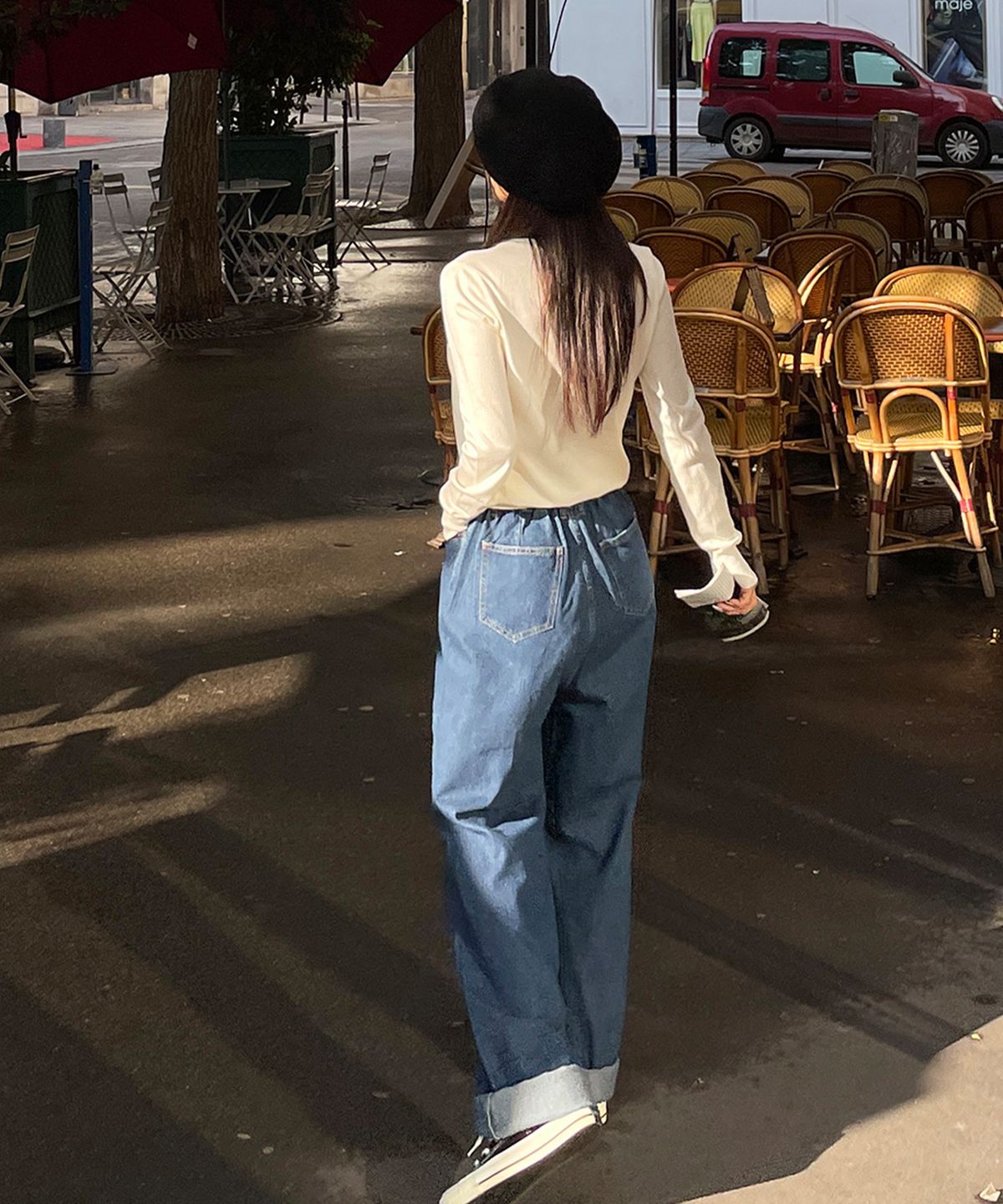 빼빼(BBAEBBAE) 빅사이즈 허리밴딩 롱 와이드 데님팬츠