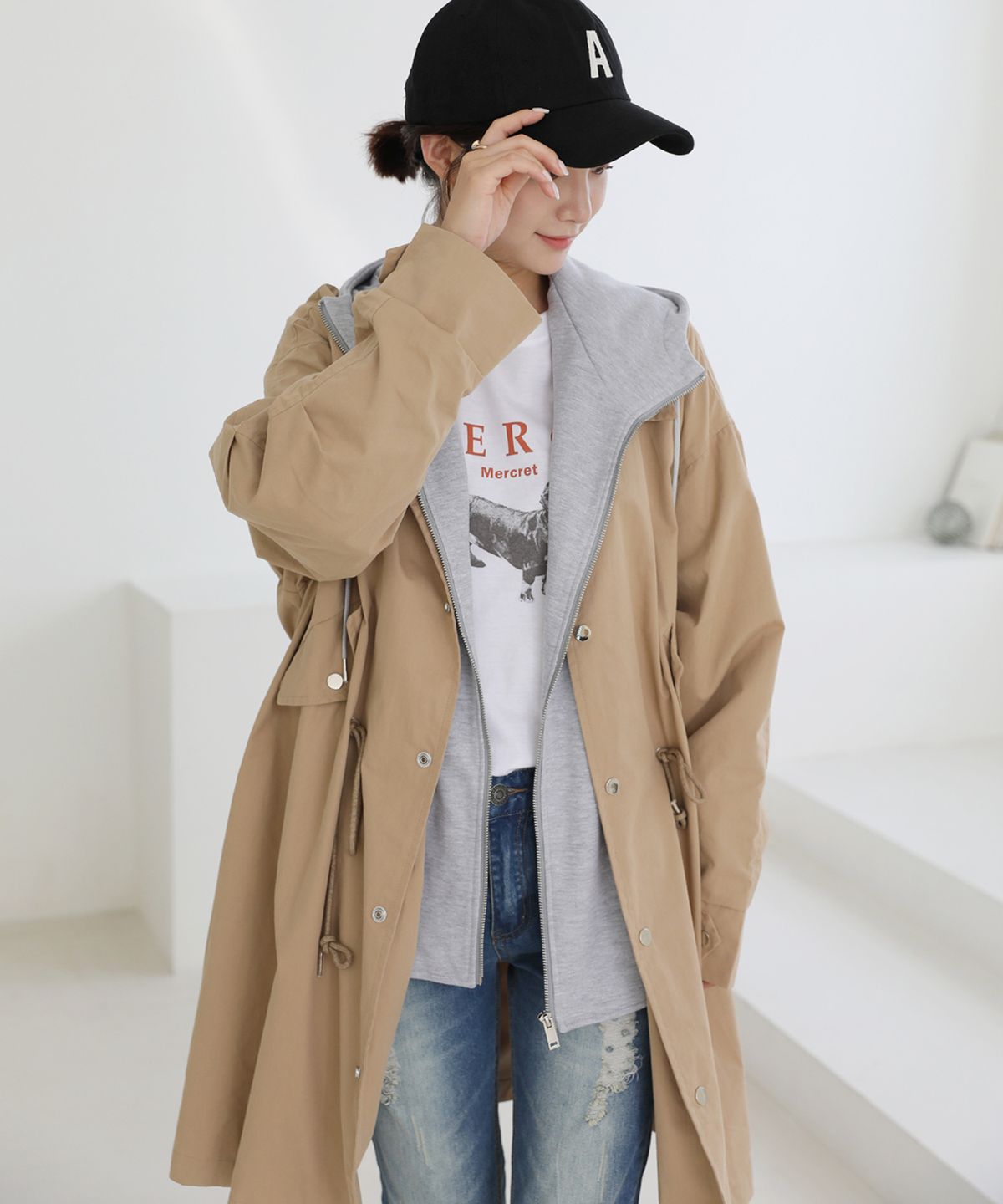빼빼(BBAEBBAE) 루즈핏 레이어드 후드집업 야상 자켓