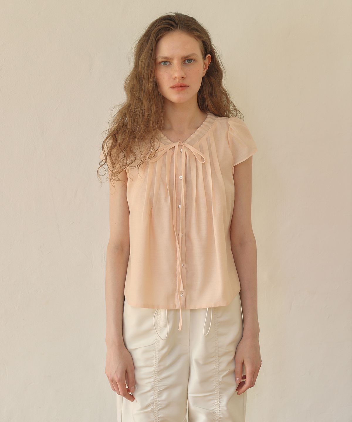 아우로(OURO) CHIFFON TIE BLOUSE [ PINK ]