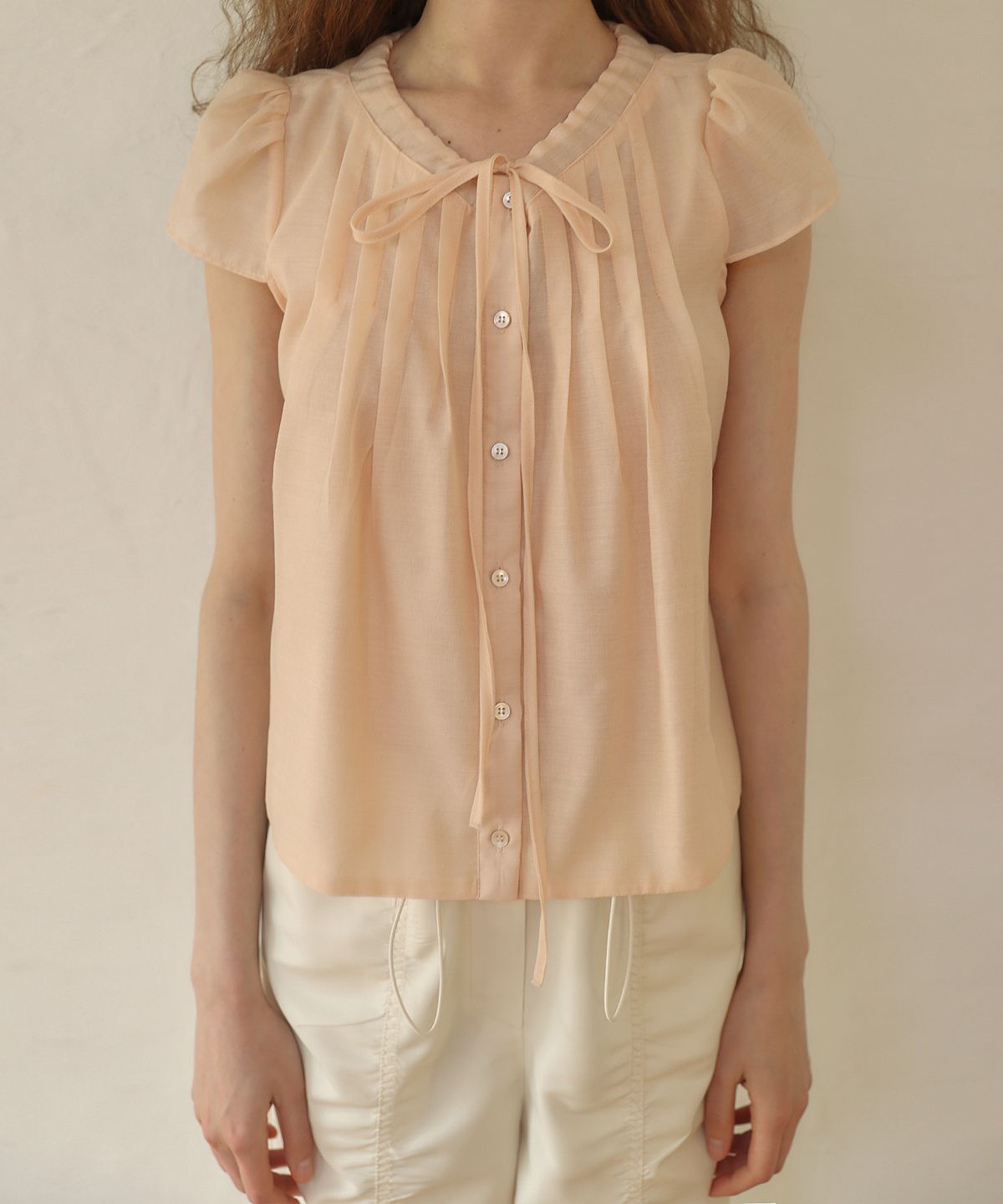 아우로(OURO) CHIFFON TIE BLOUSE [ PINK ]