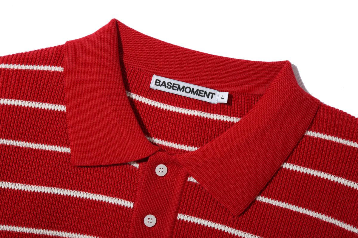 베이스모먼트(BASEMOMENT) 에센셜 스트라이프 카라 하프니트 레드