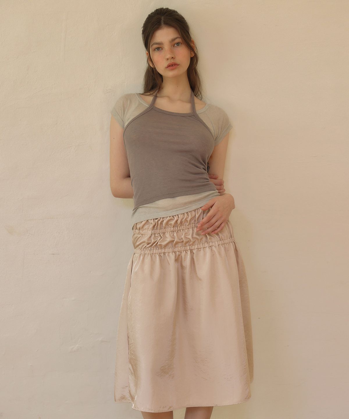 아우로(OURO) BANDING SHIRRING SKIRT [ PEACH ]