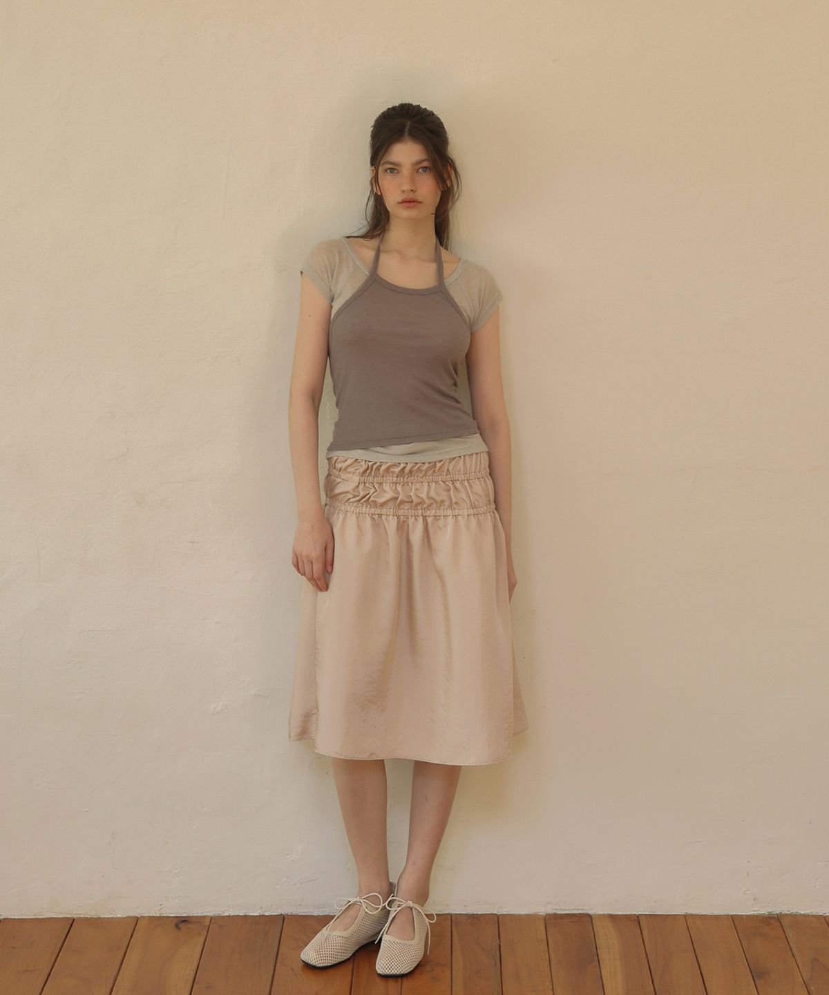 아우로(OURO) BANDING SHIRRING SKIRT [ PEACH ]