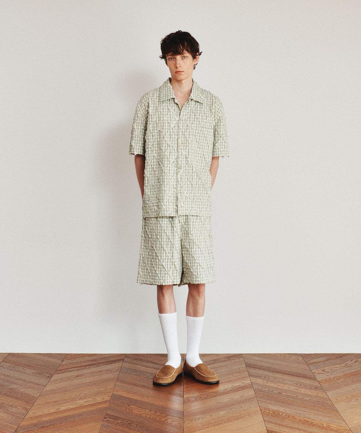 호이테(HEUTE) ARGYLE BANDING SHORTS (LIGHT KHAKI)