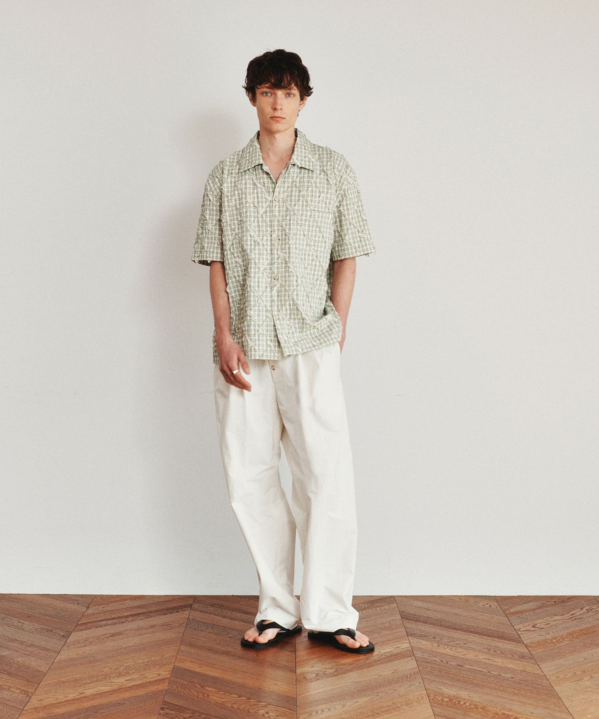 호이테(HEUTE) ARGYLE CONVERTIBLE COLLAR SHORT SLEEVE SHIRT (LIGHT KHAKI)