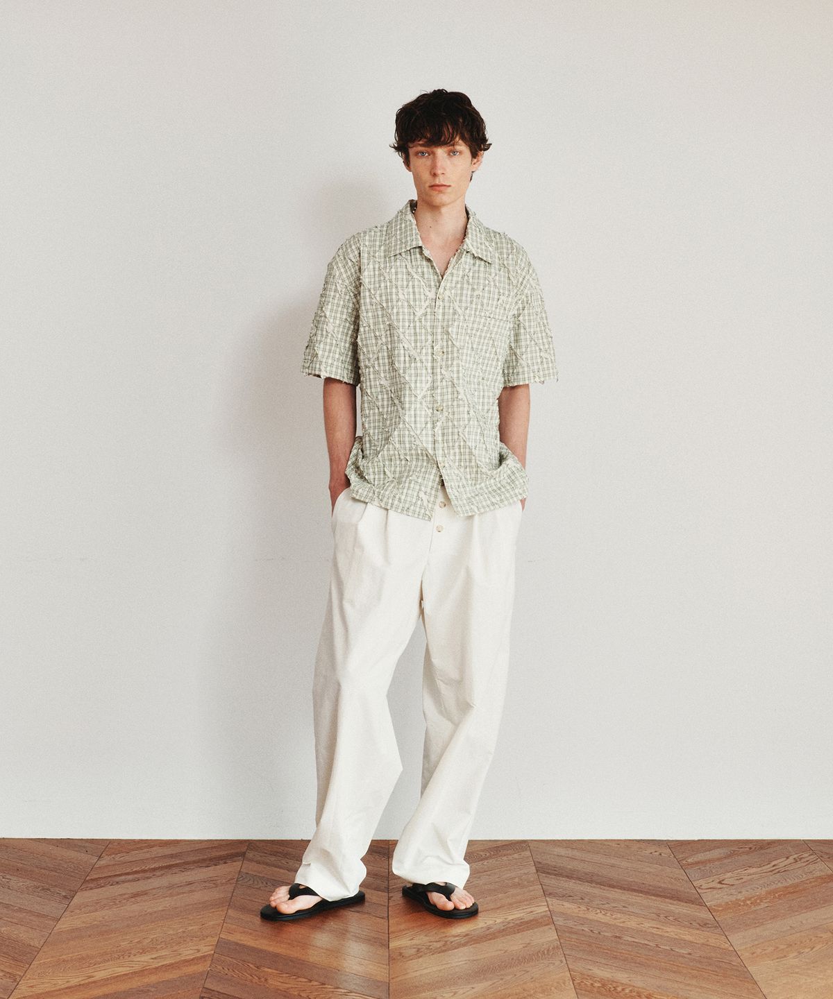 호이테(HEUTE) ARGYLE CONVERTIBLE COLLAR SHORT SLEEVE SHIRT (LIGHT KHAKI)