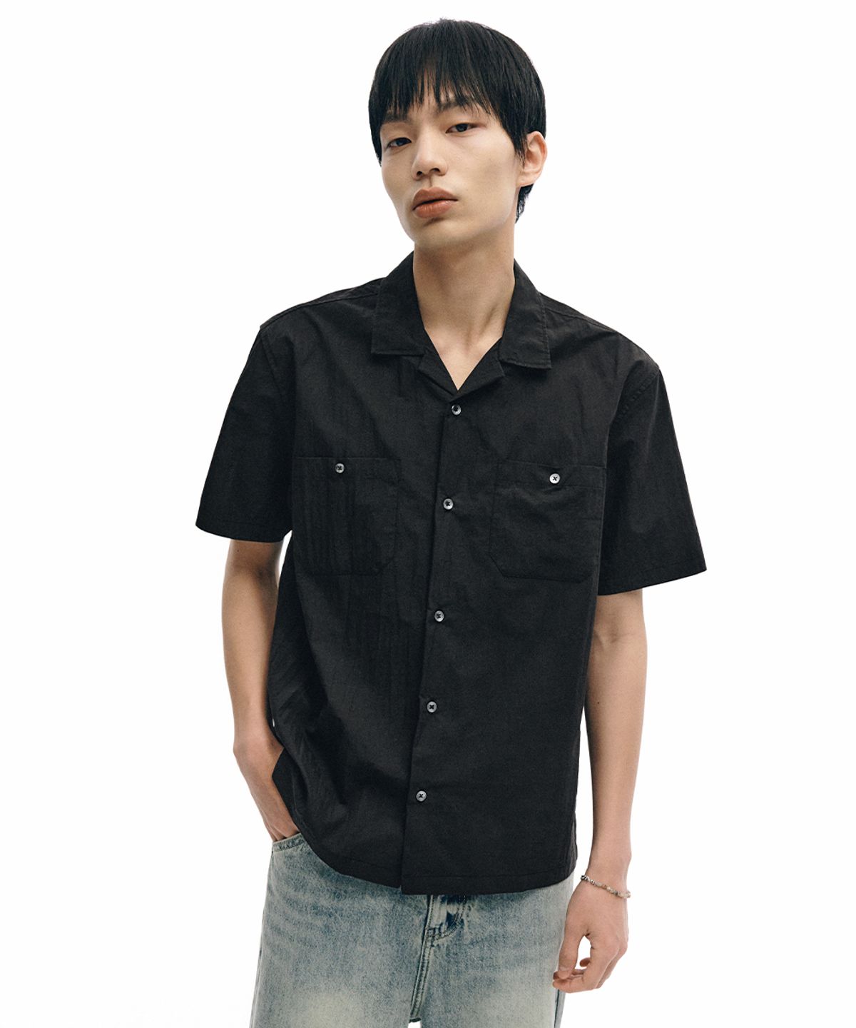 인템포무드(INTEMPOMOOD) 엉클 오픈카라 하프 셔츠 : 2컬러