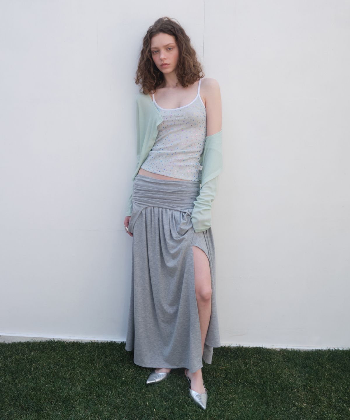 오버듀플레어(OVERDUEFLAIR) DRAPED TURN OVER SKIRT_MELANGE GREY