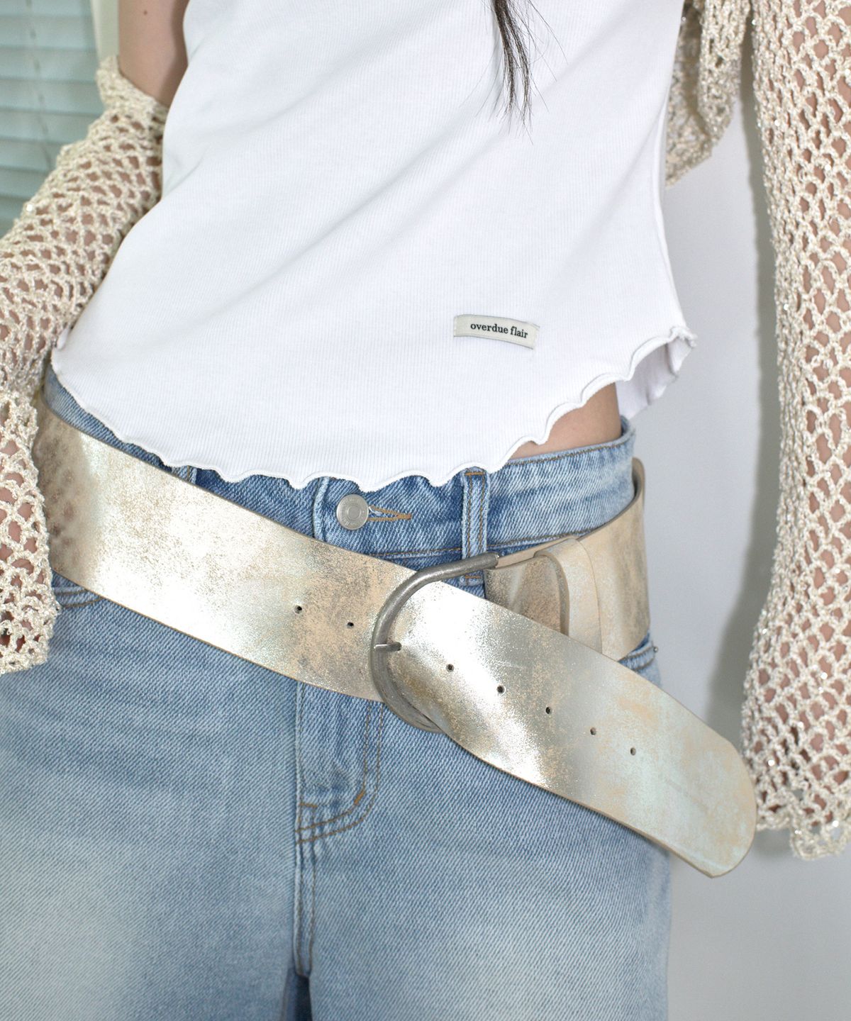 오버듀플레어(OVERDUEFLAIR) COW LEATHER WIDE BELT_CREAM SILVER