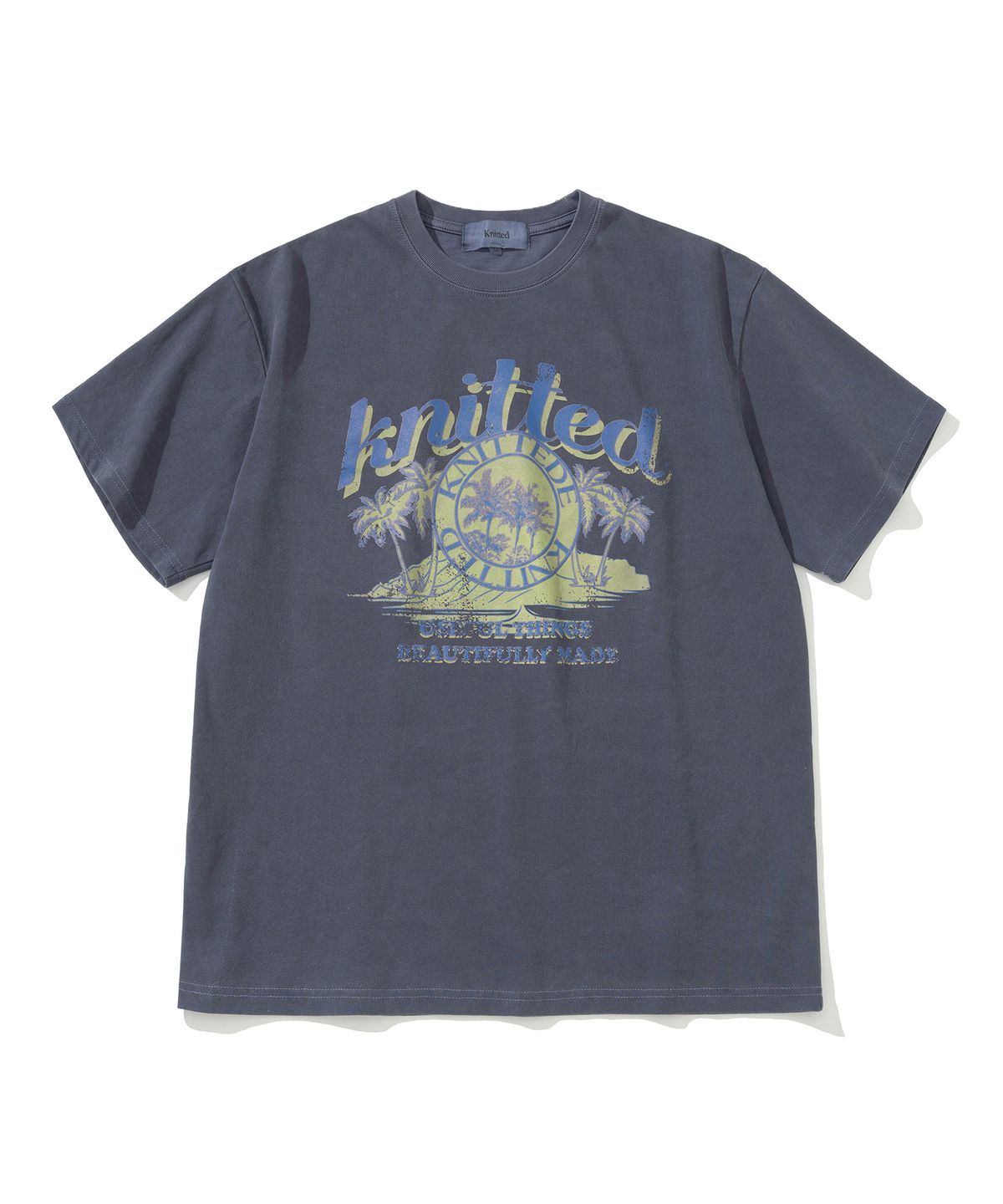 니티드(KNITTED) (UNISEX) 피그먼트 팜트리 그래픽 티셔츠 BLUE