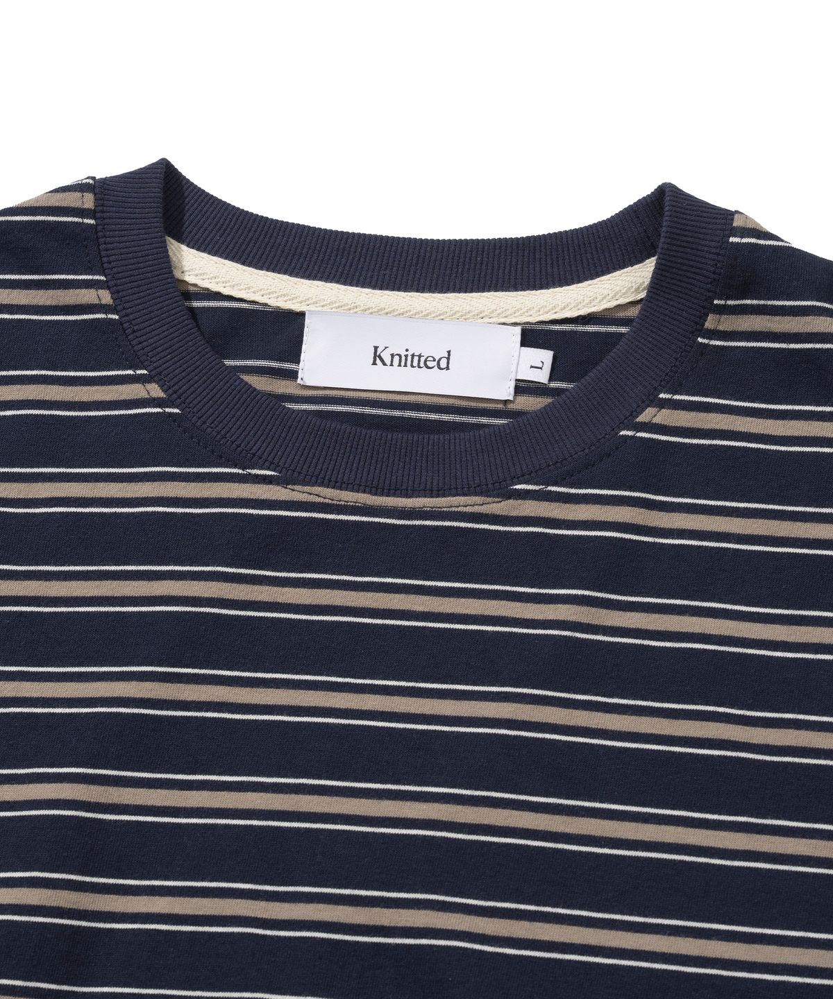 니티드(KNITTED) (UNISEX) 스트라이프 레더 하트 티셔츠 NAVY