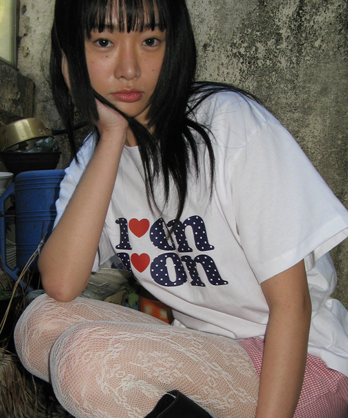 론론(RONRON) PATTERN LOGO BASIC FIT T SHIRT WHITE NAVY
