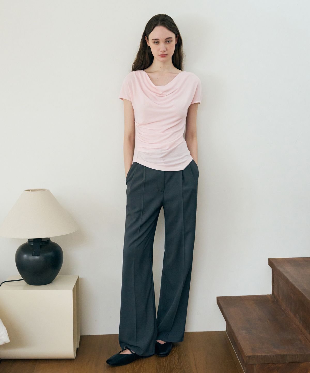 드로우핏 우먼(DRAWFIT WOMEN) 언발란스 턱 드레이피 티셔츠 [PINK]