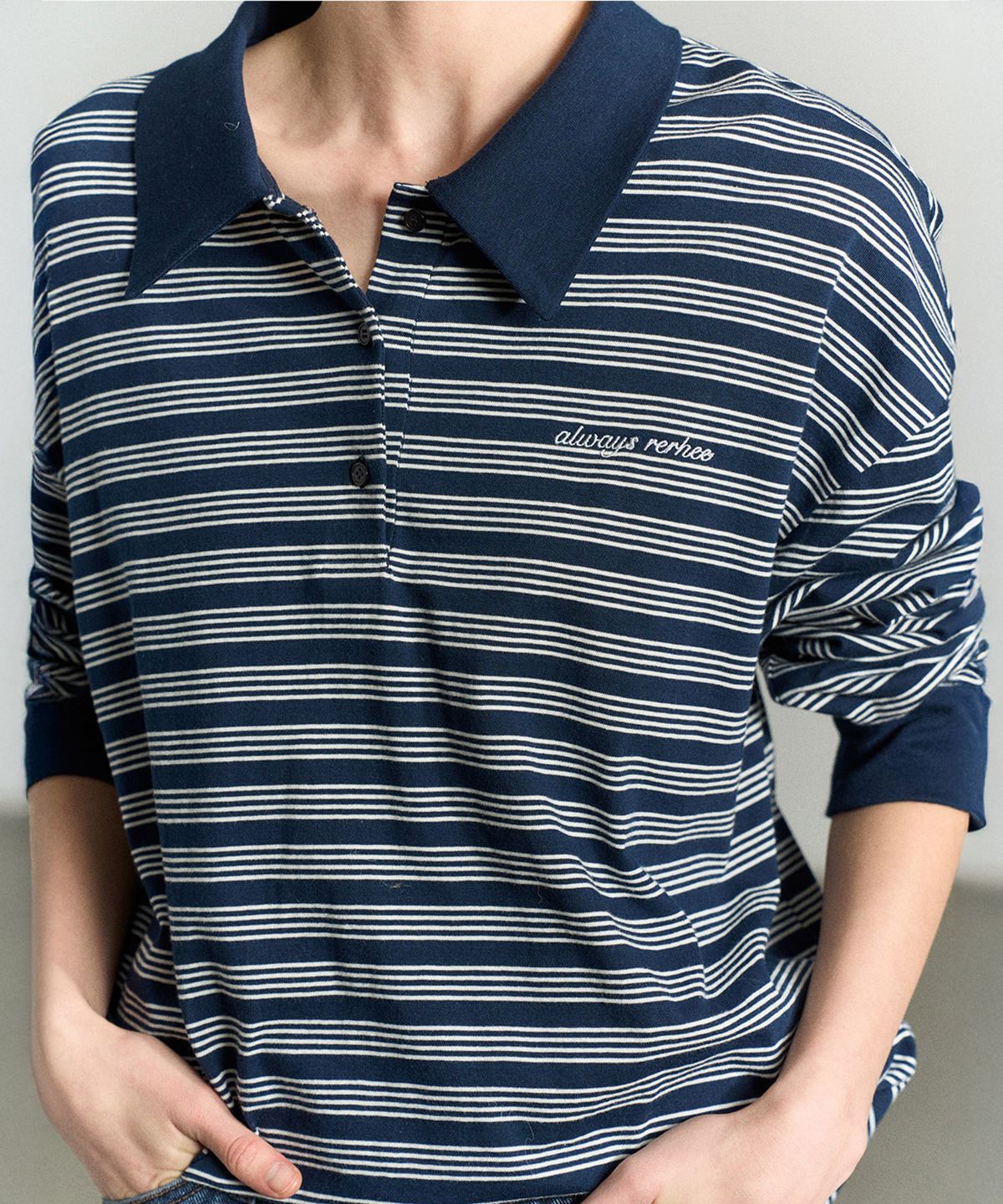 리이(RE RHEE) RUGBY STRIPED UNISEX POLO SHIRT MIDNIGHT NAVY