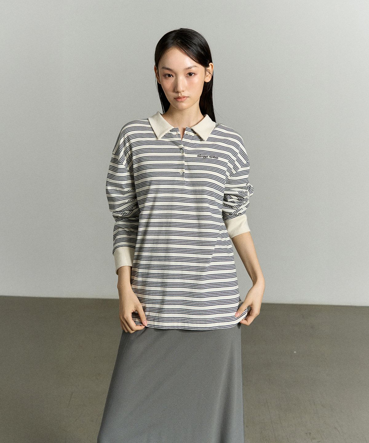 리이(RE RHEE) RUGBY STRIPED UNISEX POLO SHIRT IVORY