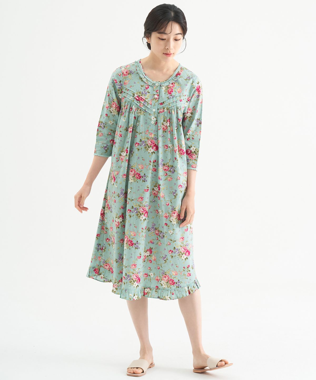메이플라워(MAY FLOWER) 민트장미 7부 순면 여성 빅사이즈 원피스 잠옷
