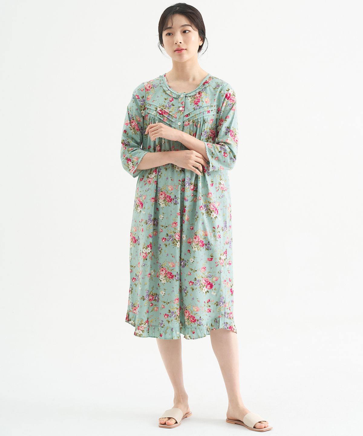 메이플라워(MAY FLOWER) 민트장미 7부 순면 여성 빅사이즈 원피스 잠옷