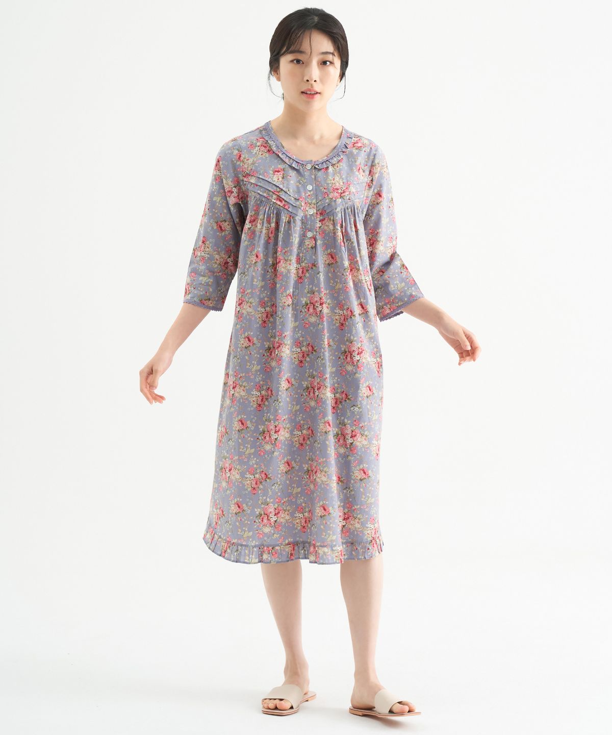 메이플라워(MAY FLOWER) 연보라장미 7부 순면 여성 빅사이즈 원피스 잠옷