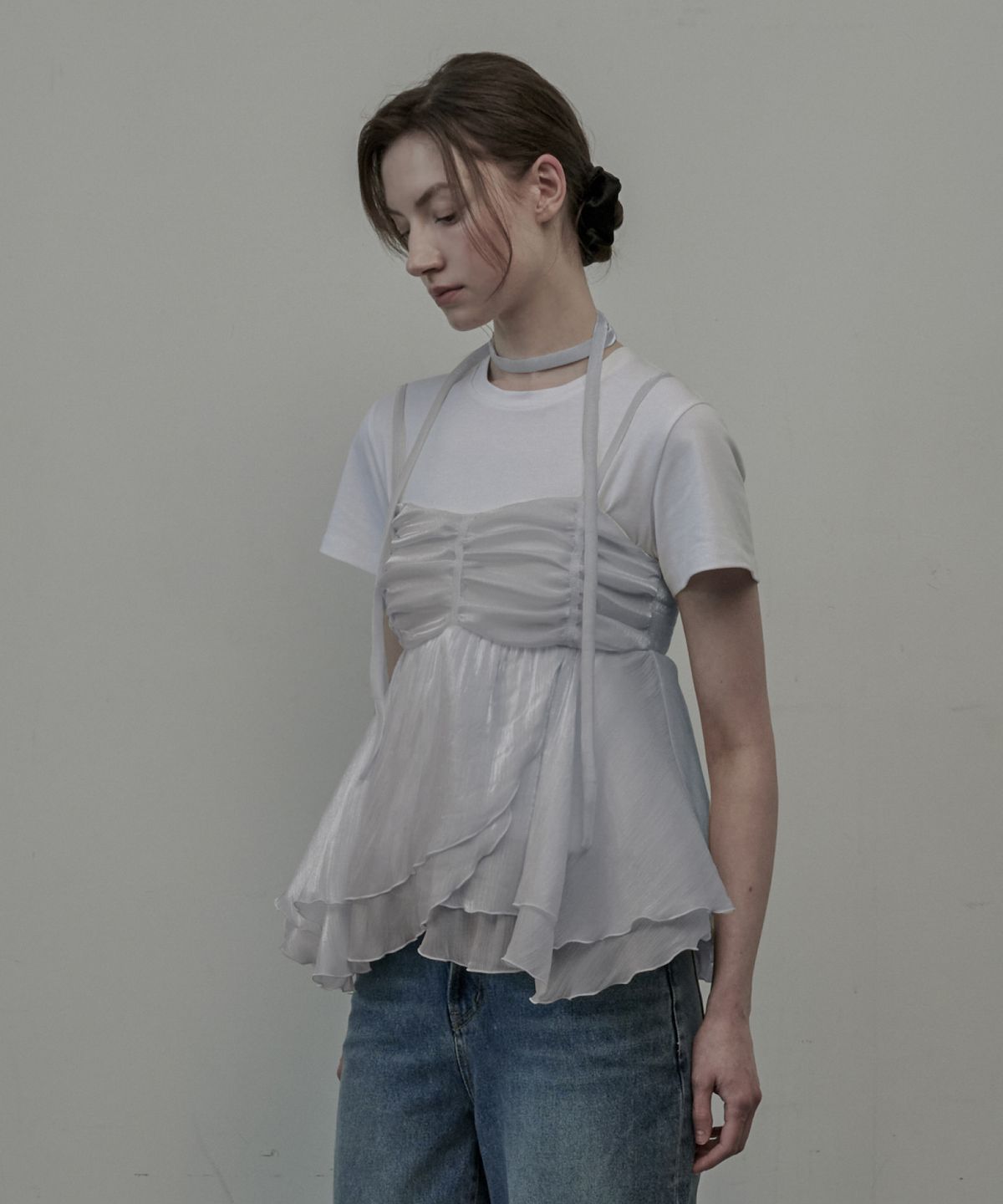 마우솔레움(MAU SOLEUM) Dew Crape Muffler Sleeveless Top - Grey