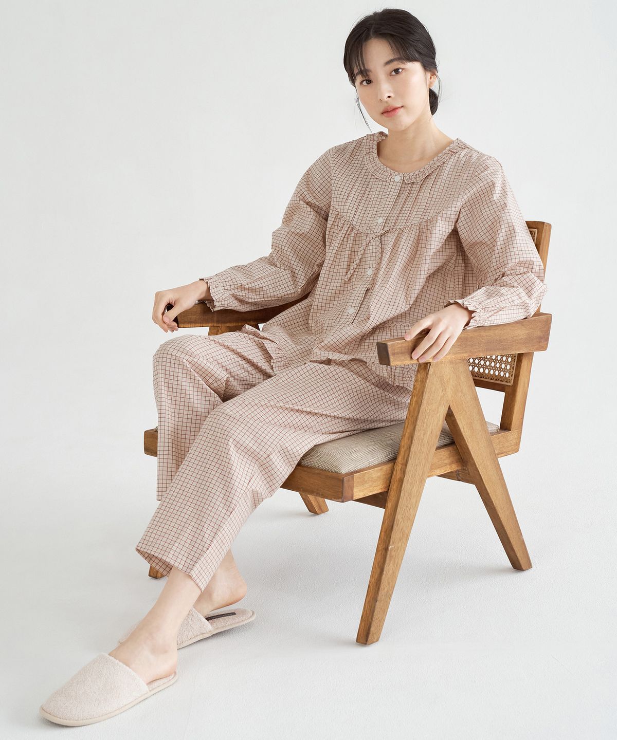 메이플라워(MAY FLOWER) 베이지체크 긴팔 순면 여성 빅사이즈 잠옷 세트