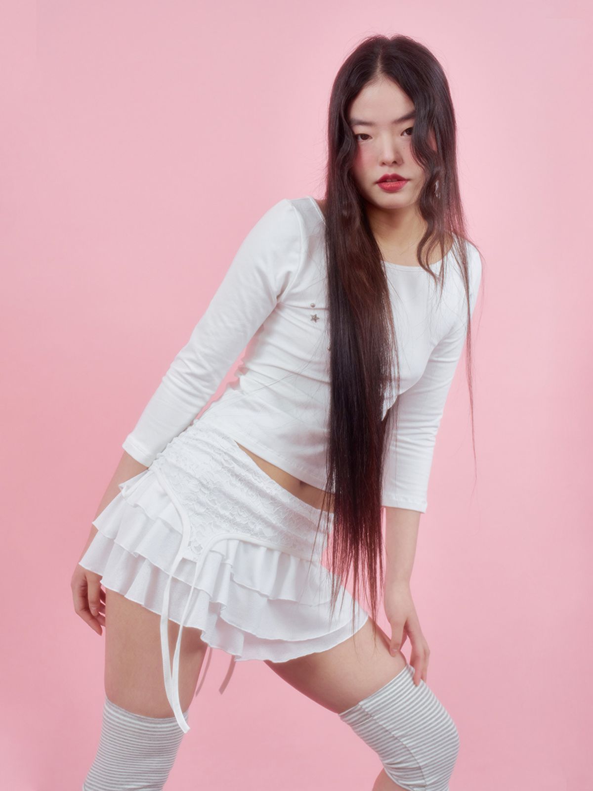 엘프엘프엘프 아카이브스(ELFELFELF ARCHIVES) 레이스 가터 프릴 스커트 [아이보리]