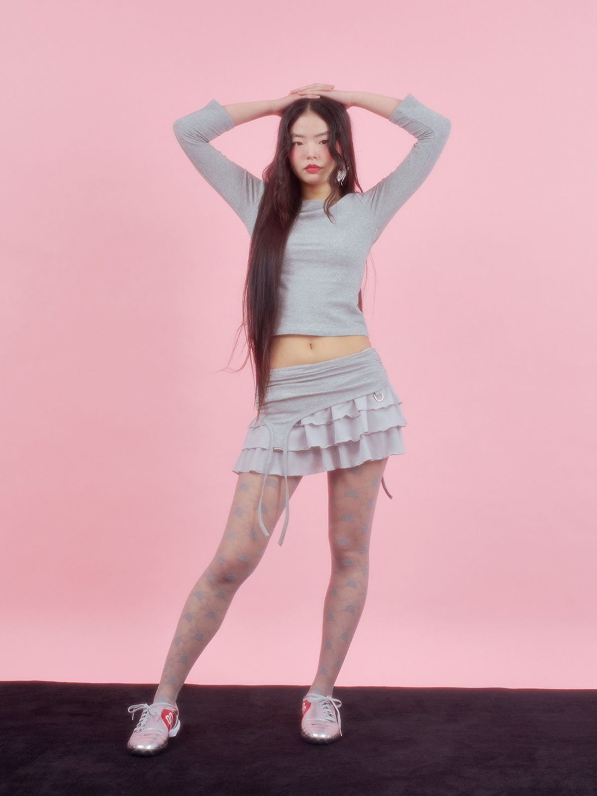 엘프엘프엘프 아카이브스(ELFELFELF ARCHIVES) 레이스 가터 프릴 스커트 [멜란지]