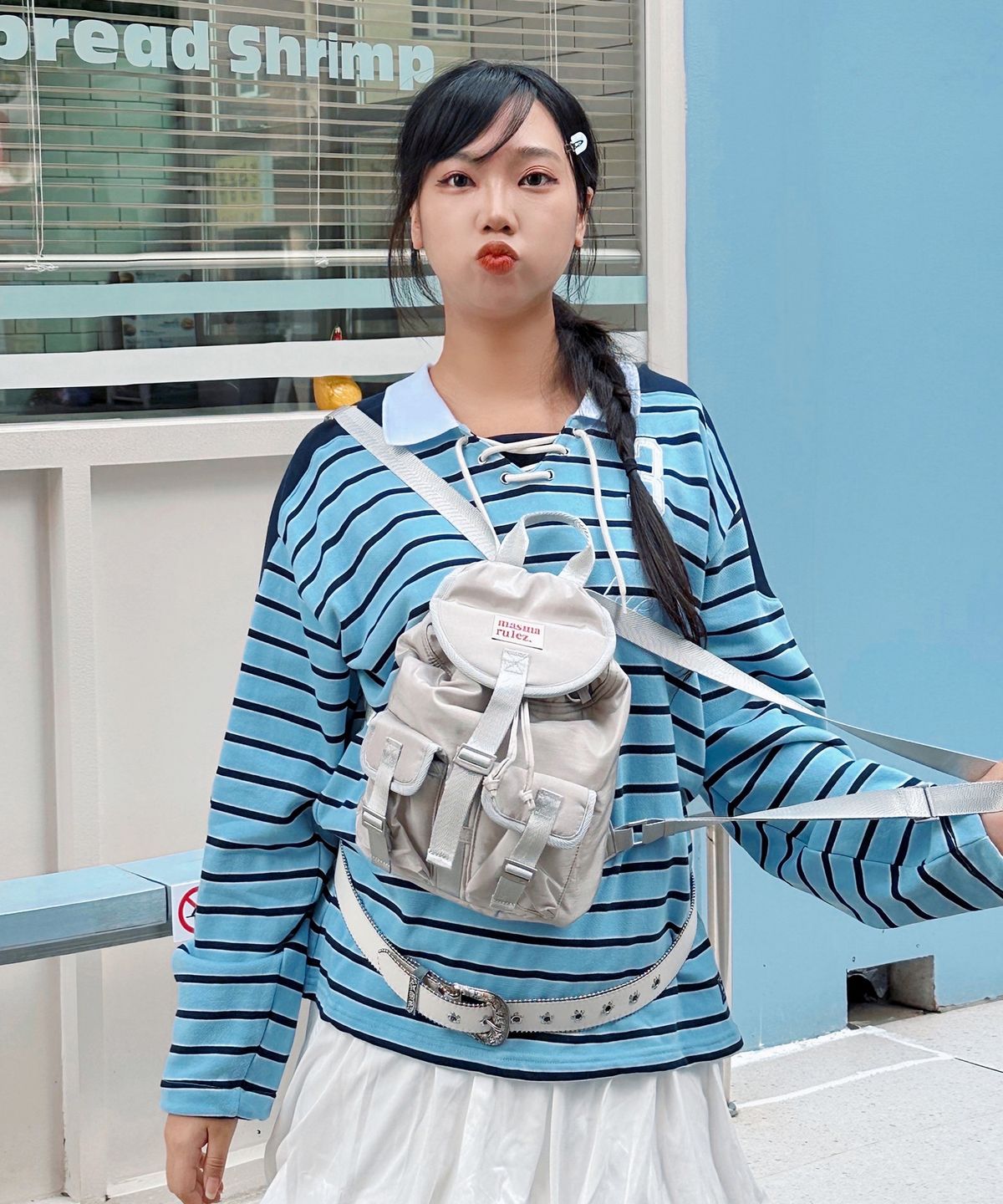 마스마룰즈(MASMARULEZ) mini ver. Glossy belted flap backpack_Light gray