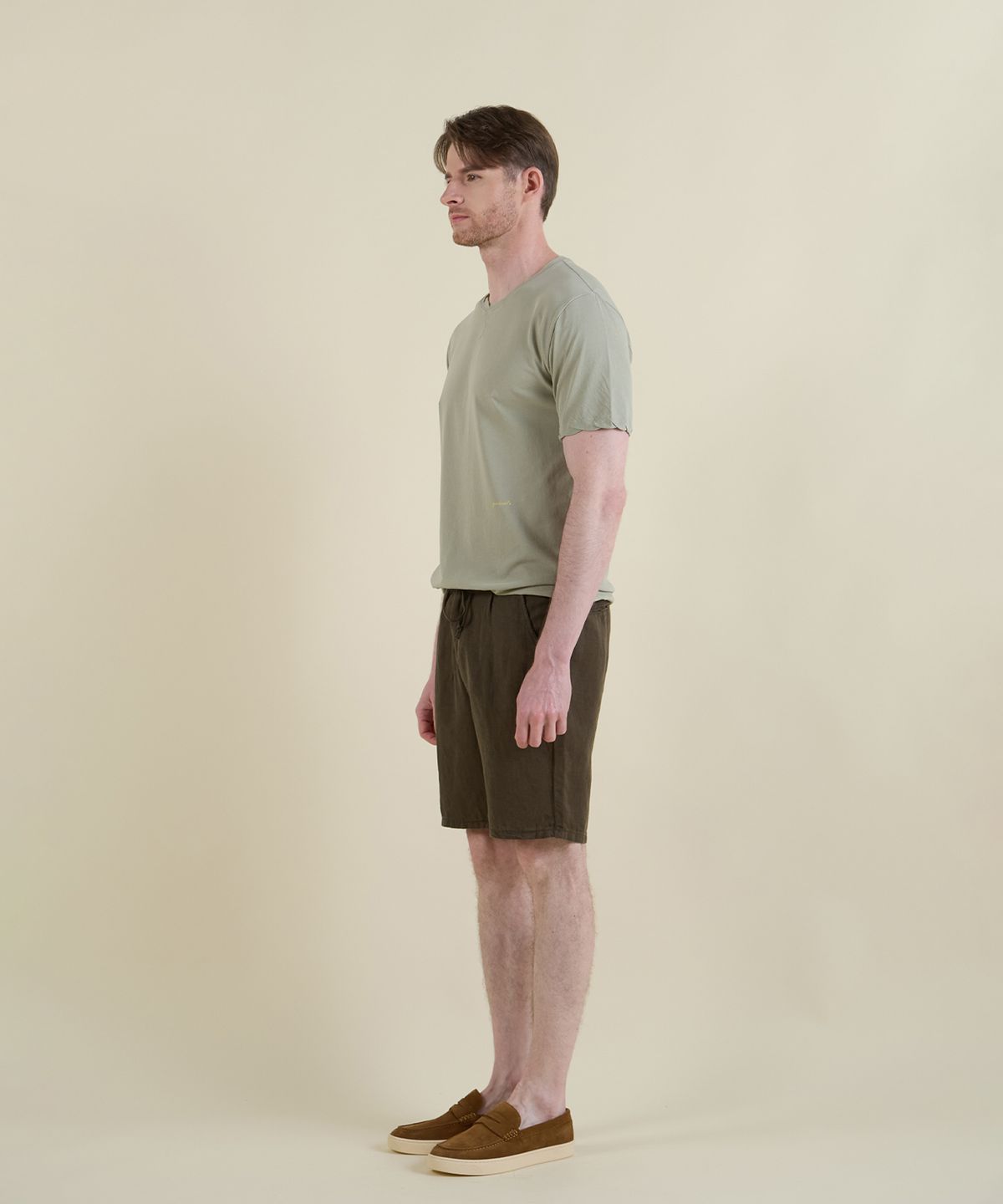 빠니깔레(PANICALE) 카키 드로우스트링 리넨 텐셀 쇼츠