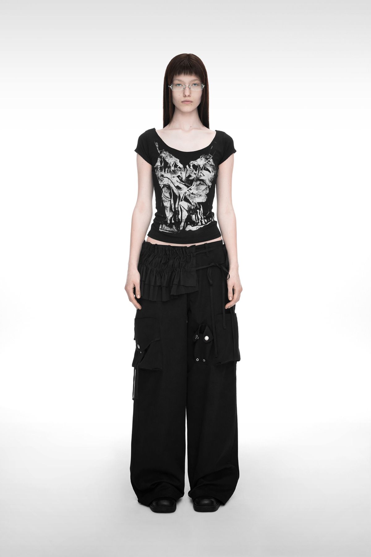 나체(NACHE) STRAP WIDE CARGO PANTS (UNISEX) BLACK