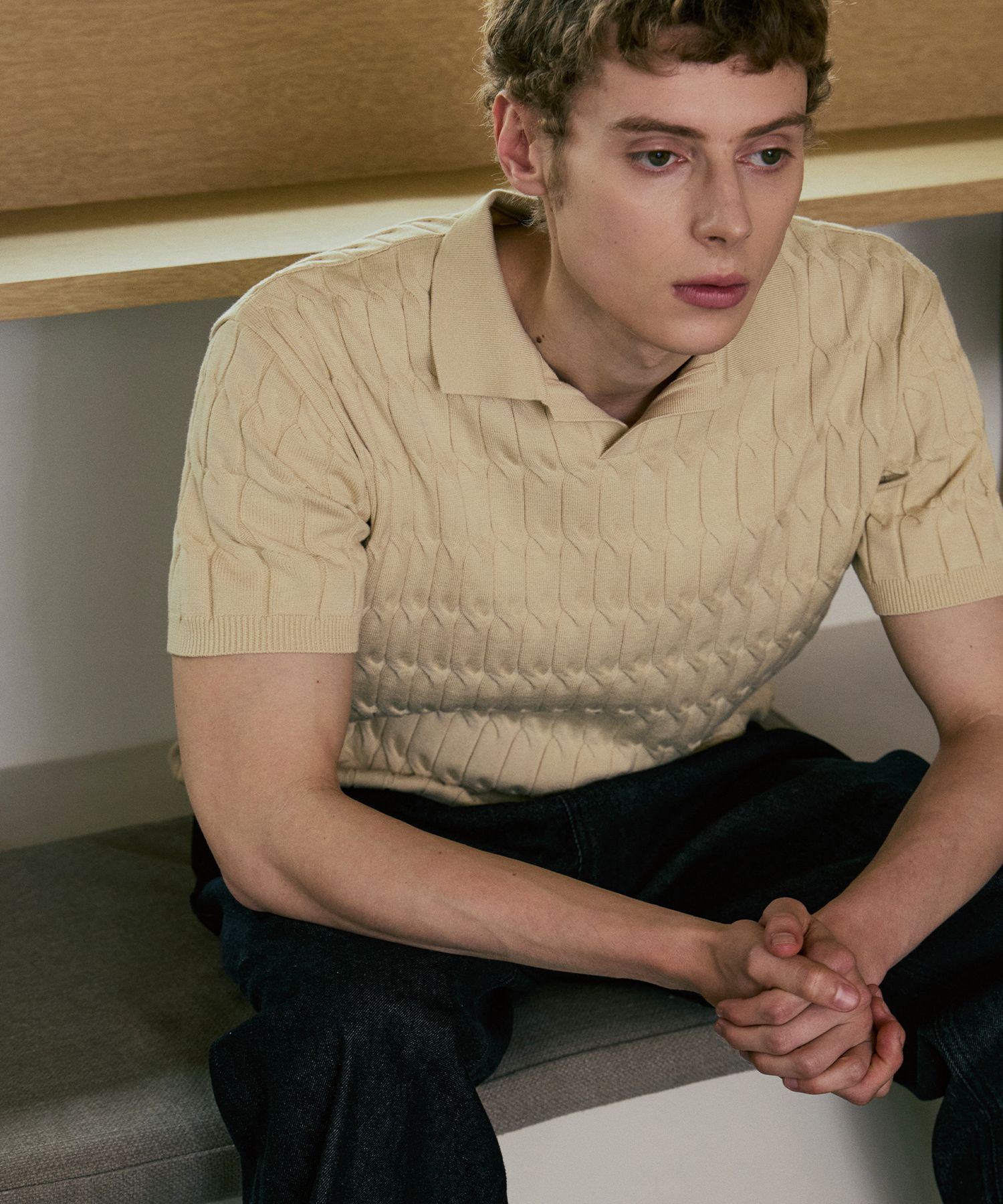 トップス NODUSix Cable Collar Short Sleeve Knit MUSINSA公式 | NODU Six Cable Collar Short Sleeve Knit [Beige]