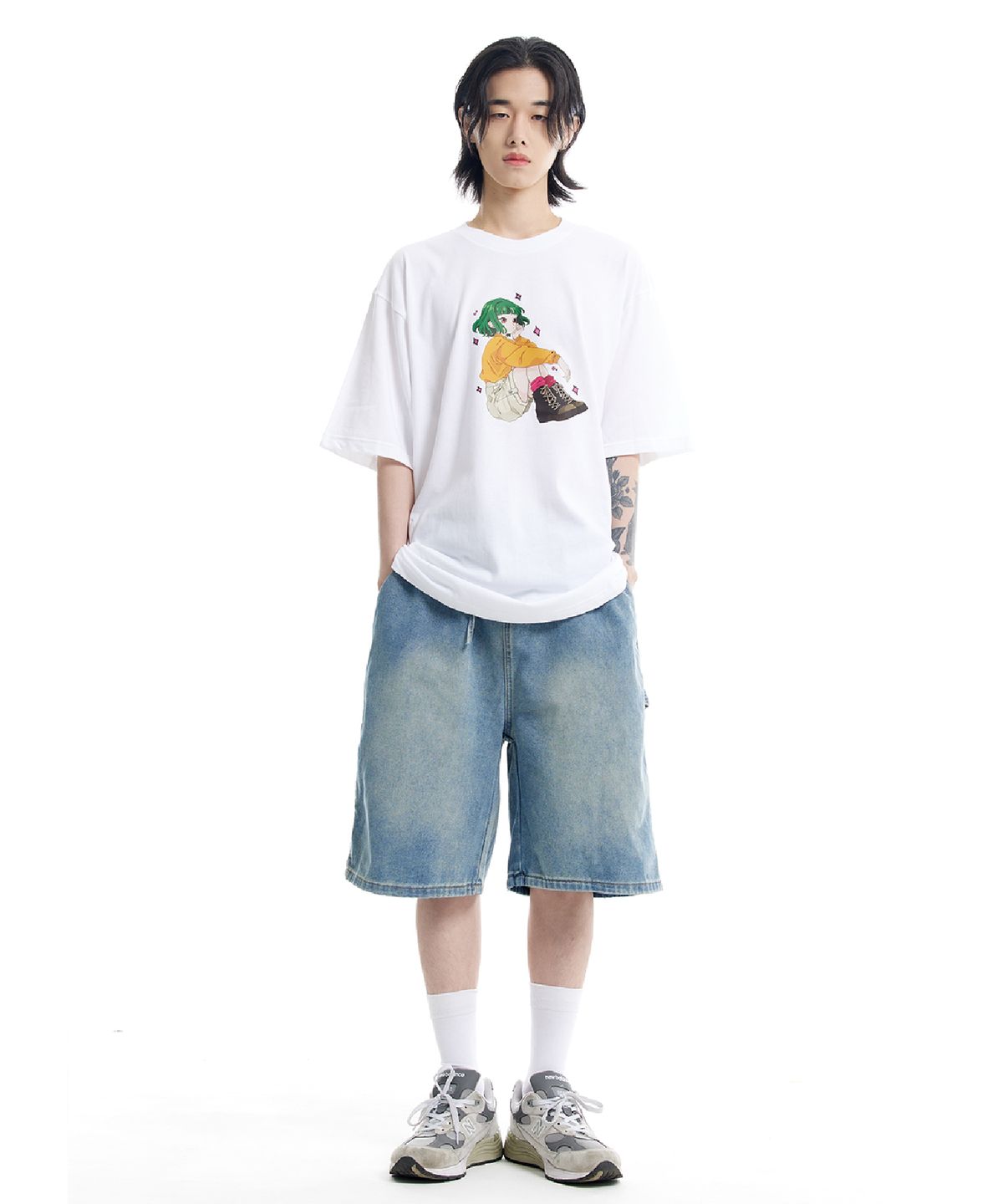 크림소다랩(CREAM SODA LAB) [2PACK]버뮤다 카펜터 숏 데님팬츠 밴딩 미들 블루