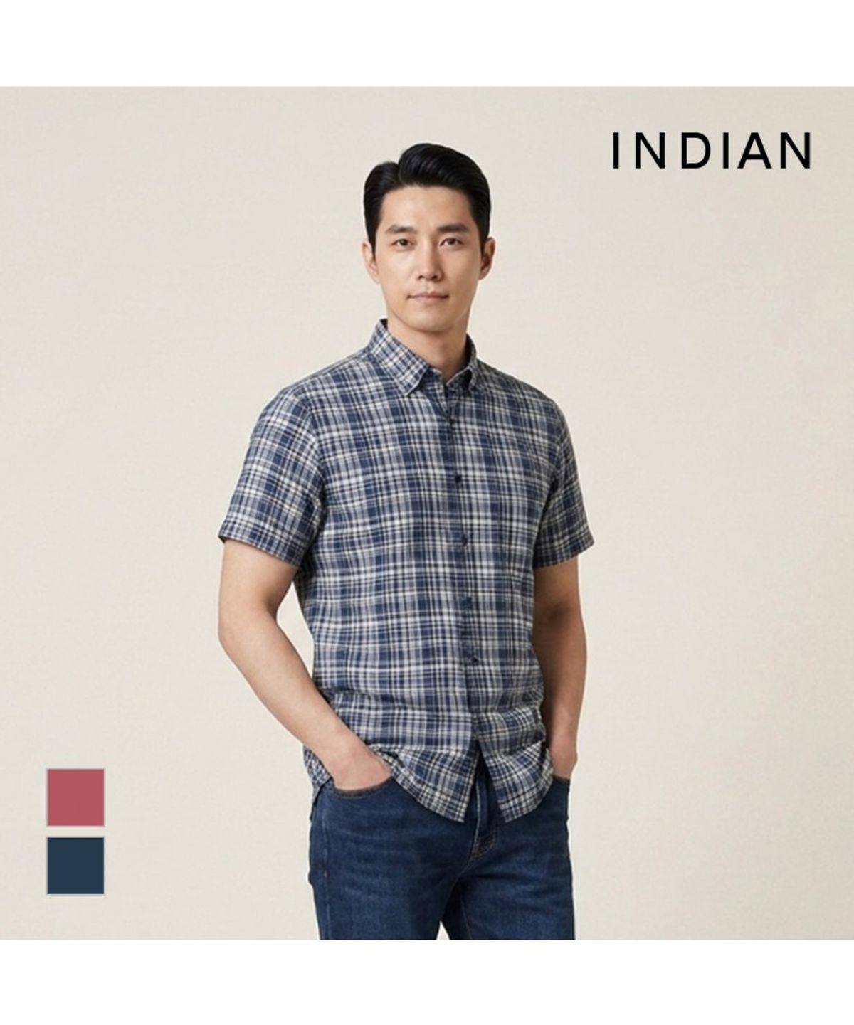 인디안(INDIAN) 린넨블랜드 미디움체크 셔츠_MIUNS4M3261