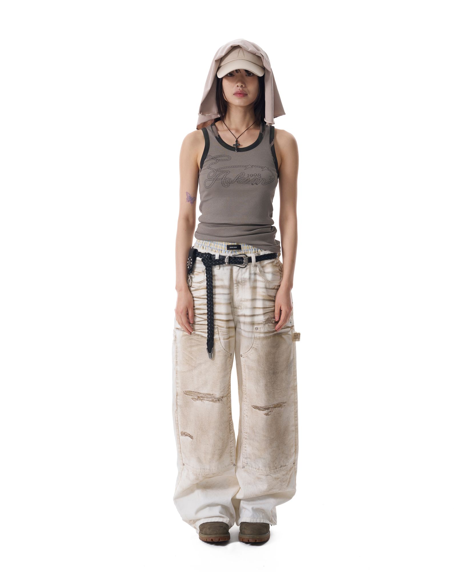 MUSINSA公式 | AAKAM Dirty Washed Double Knee Cotton Pants (White)