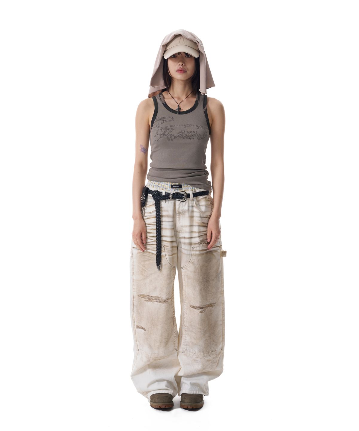 아캄(AAKAM) Dirty Washed Double Knee Cotton Pants (White)