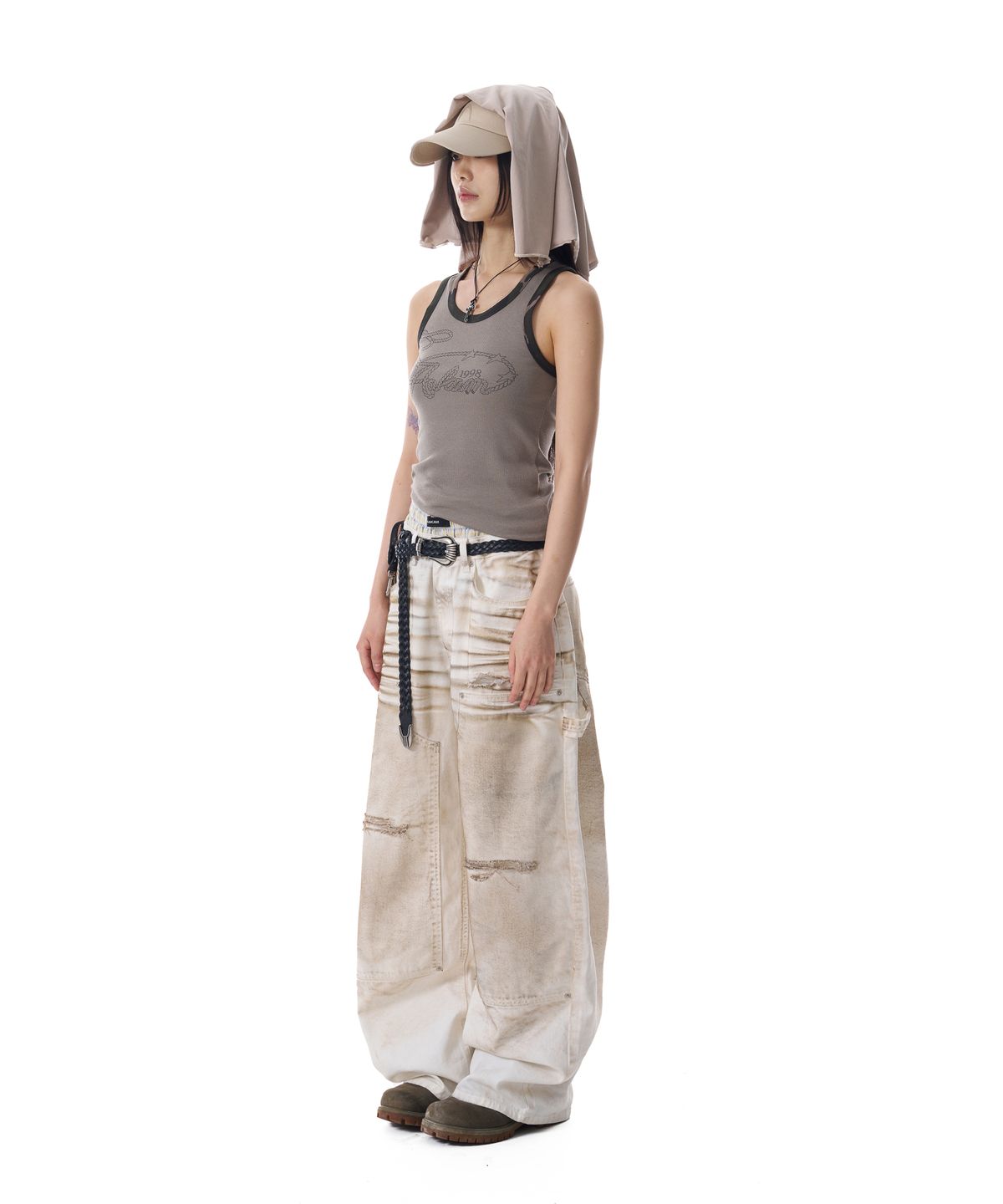 아캄(AAKAM) Dirty Washed Double Knee Cotton Pants (White)