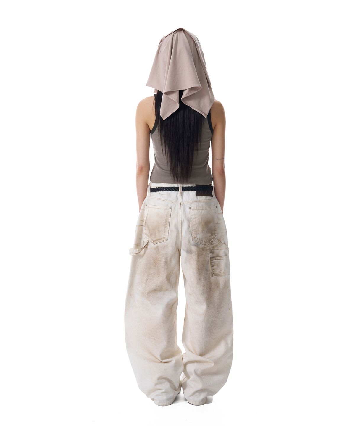 아캄(AAKAM) Dirty Washed Double Knee Cotton Pants (White)