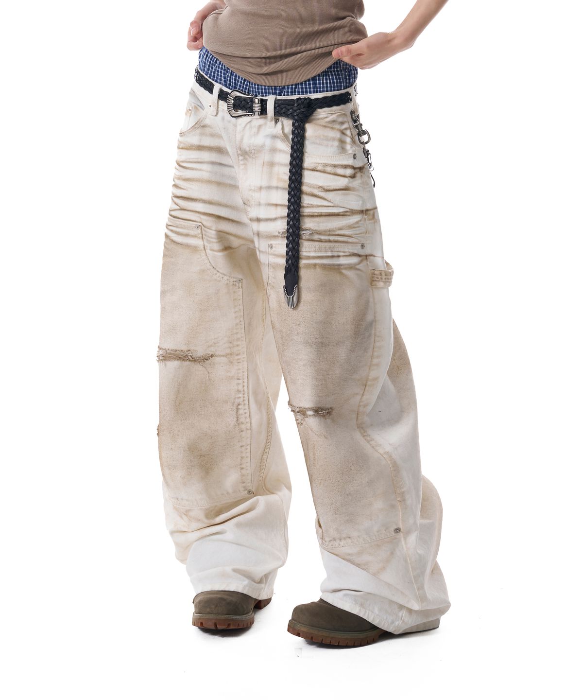 아캄(AAKAM) Dirty Washed Double Knee Cotton Pants (White)